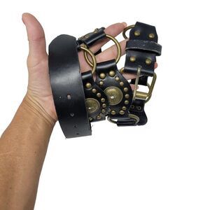 Unisex Vintage-Inspired Black Vegan Leather Belt Brass Concho Studs Chain Hip XL